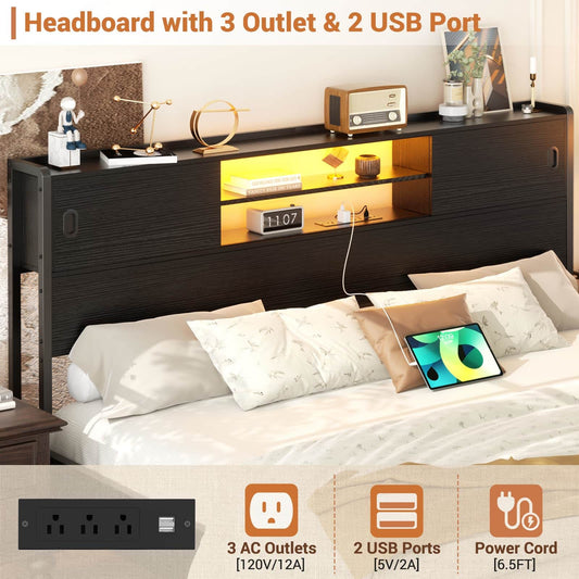 King Size Storage Headboard with Charging Station, LED Light & Sliding Doors - Sturdy Bookcase Headboard with Bed Adapter for Bedroom