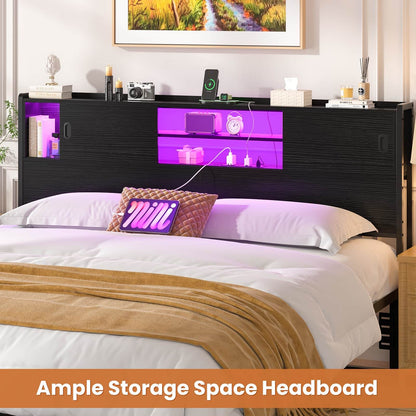 King Size Storage Headboard with Charging Station, LED Light & Sliding Doors - Sturdy Bookcase Headboard with Bed Adapter for Bedroom