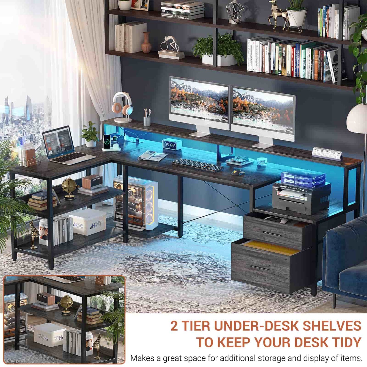 L Shaped Desk with File Drawer, 72.8" Reversible L Shaped Computer Desk with Power Outlet & LED Strip