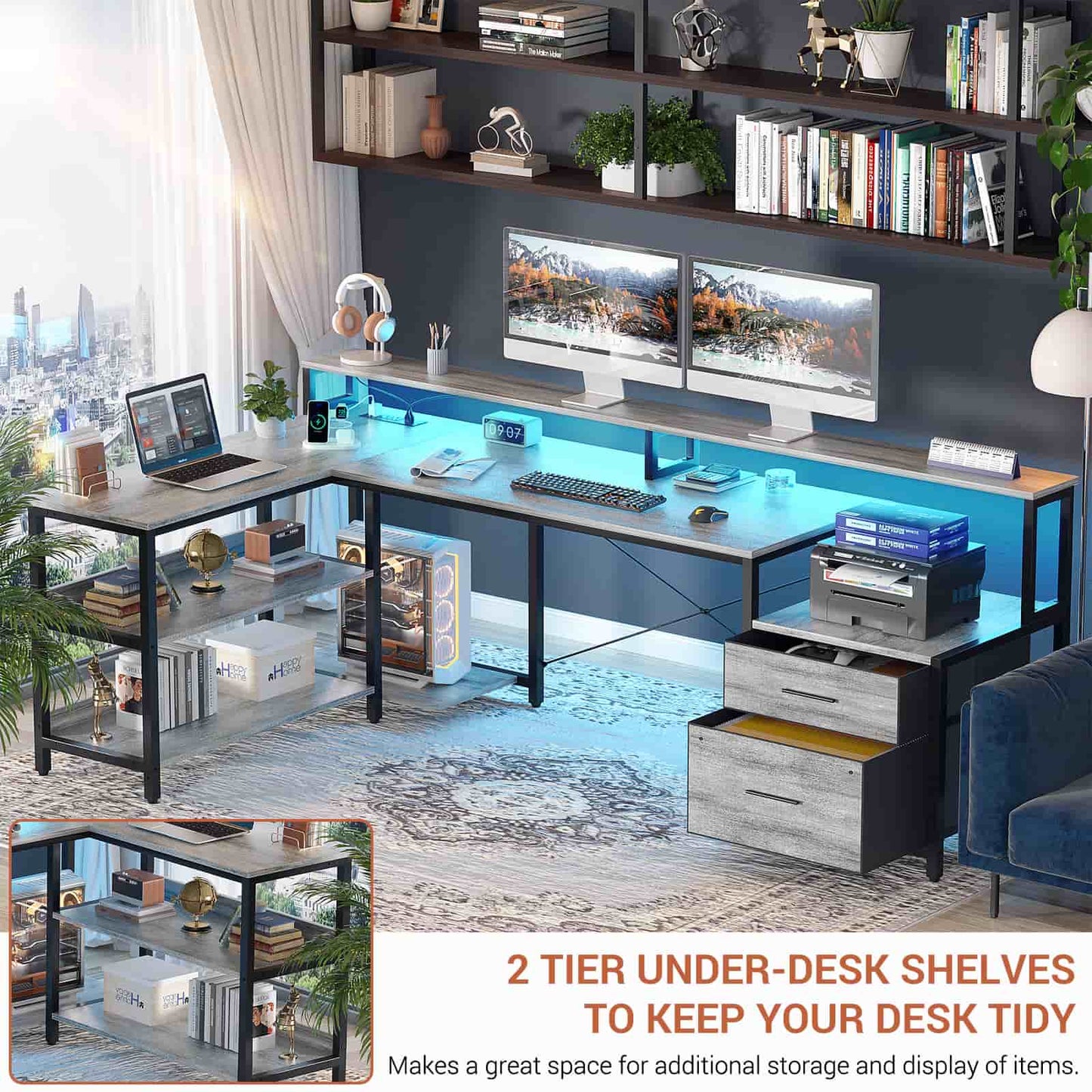 L Shaped Desk with File Drawer, 72.8" Reversible L Shaped Computer Desk with Power Outlet & LED Strip