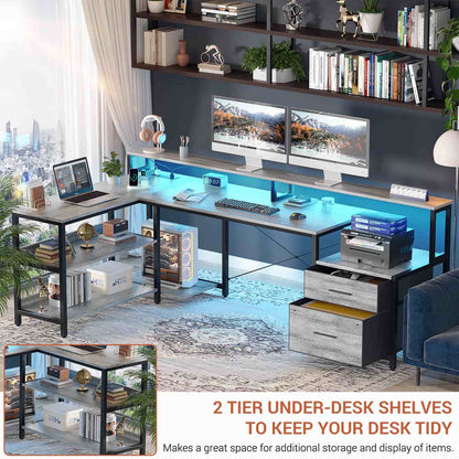 L Shaped Desk with File Drawer, 72.8" Reversible L Shaped Computer Desk with Power Outlet & LED Strip