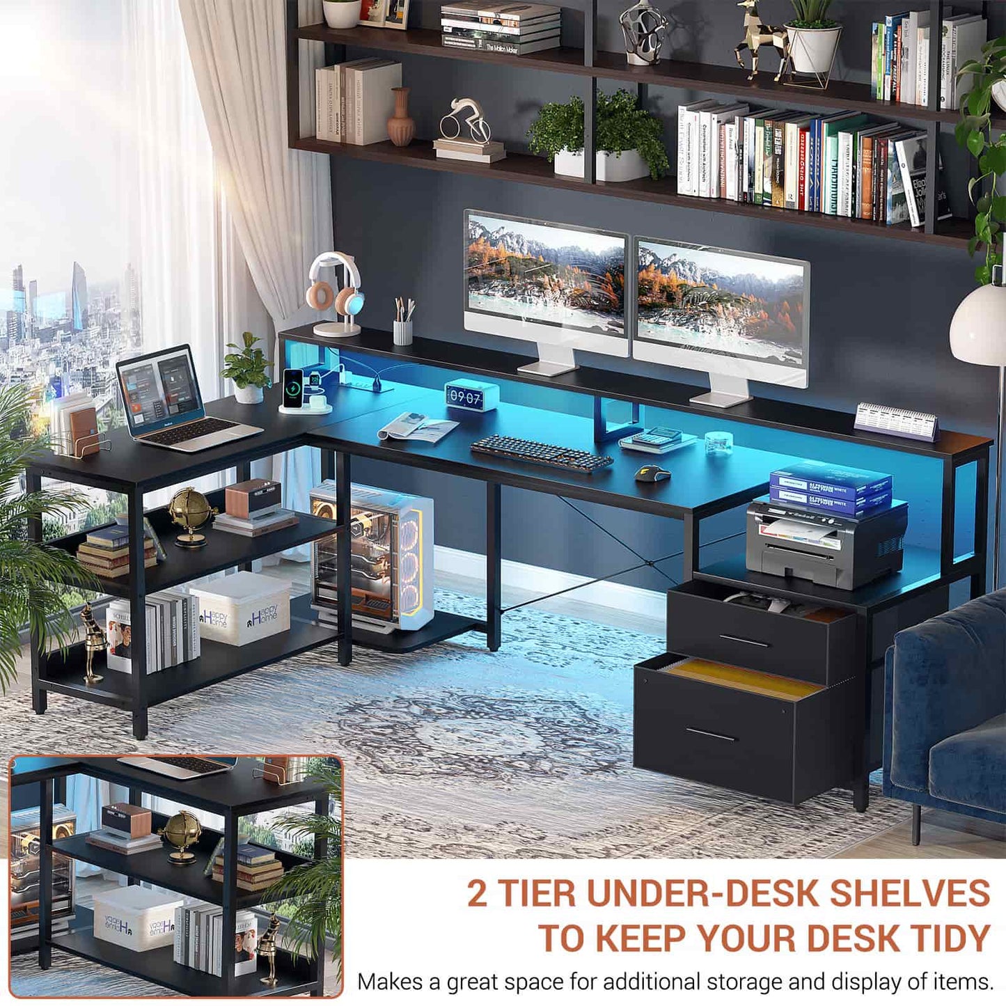 L Shaped Desk with File Drawer, 72.8" Reversible L Shaped Computer Desk with Power Outlet & LED Strip