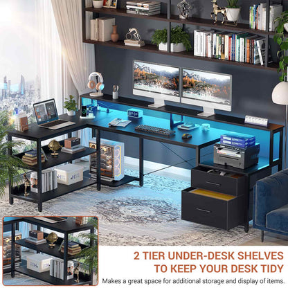 L Shaped Desk with File Drawer, 72.8" Reversible L Shaped Computer Desk with Power Outlet & LED Strip