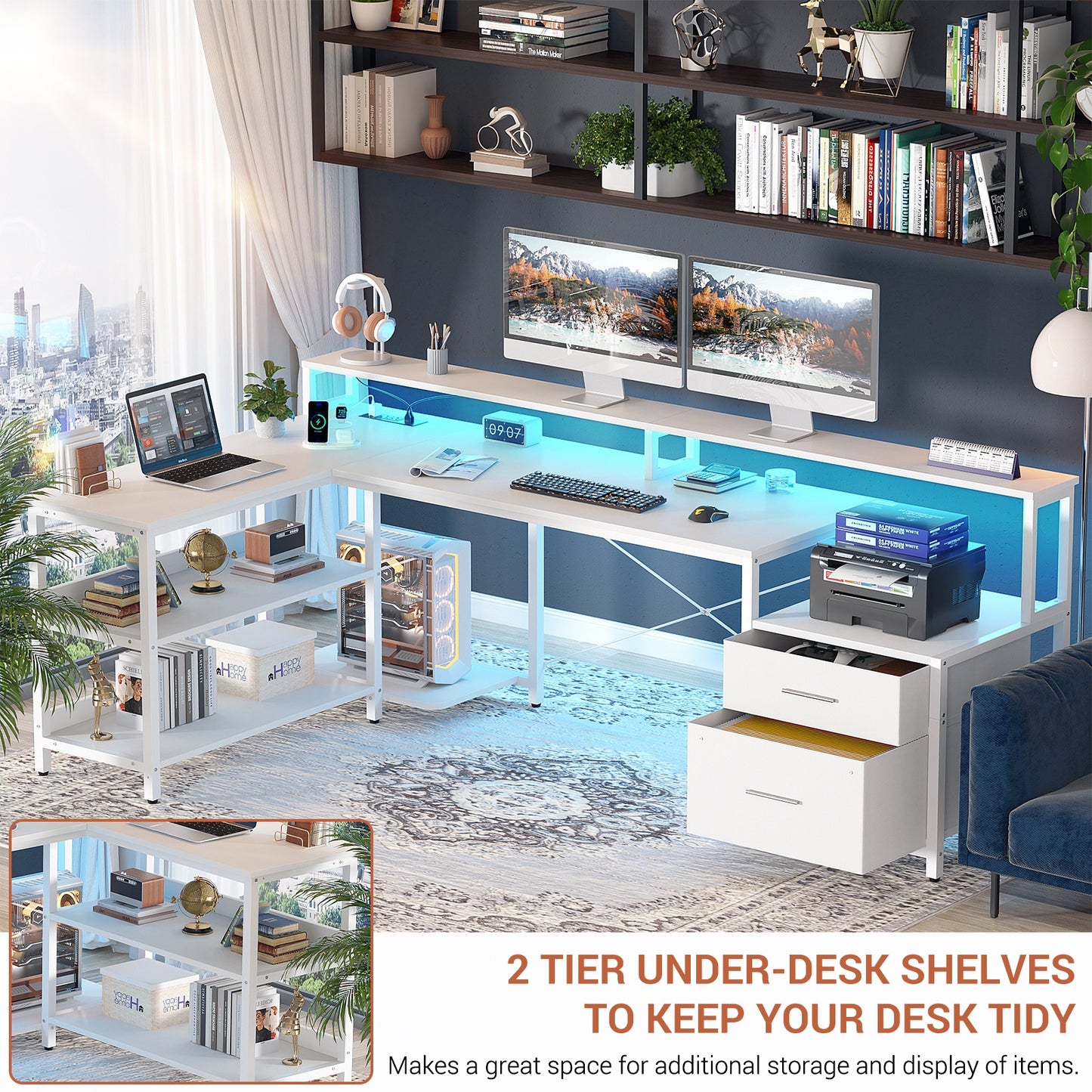 L Shaped Desk with File Drawer, 72.8" Reversible L Shaped Computer Desk with Power Outlet & LED Strip