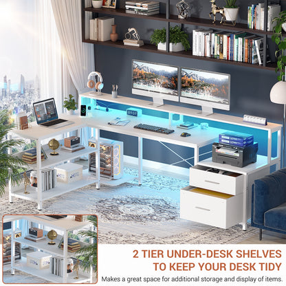 L Shaped Desk with File Drawer, 72.8" Reversible L Shaped Computer Desk with Power Outlet & LED Strip