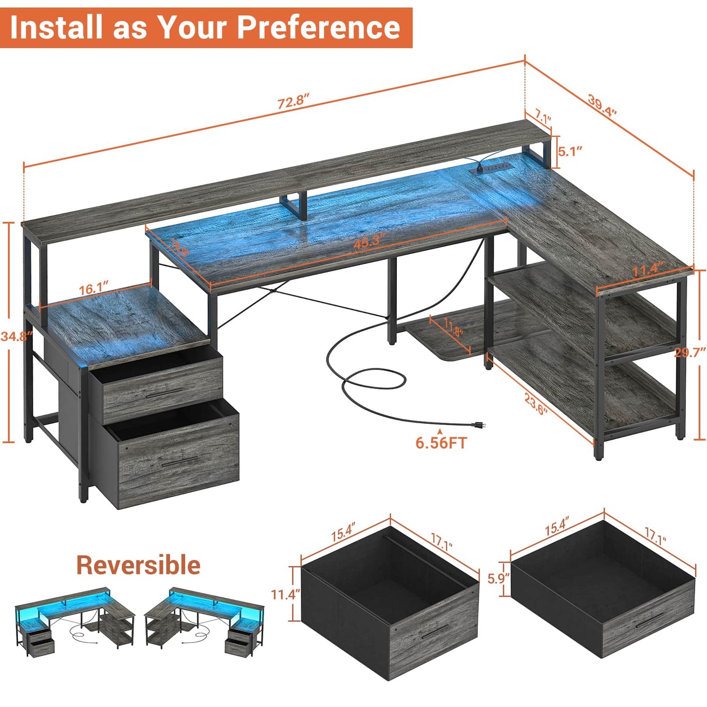 L Shaped Desk with File Drawer, 72.8" Reversible L Shaped Computer Desk with Power Outlet & LED Strip
