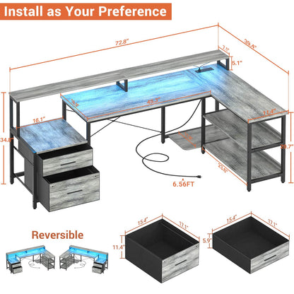 L Shaped Desk with File Drawer, 72.8" Reversible L Shaped Computer Desk with Power Outlet & LED Strip
