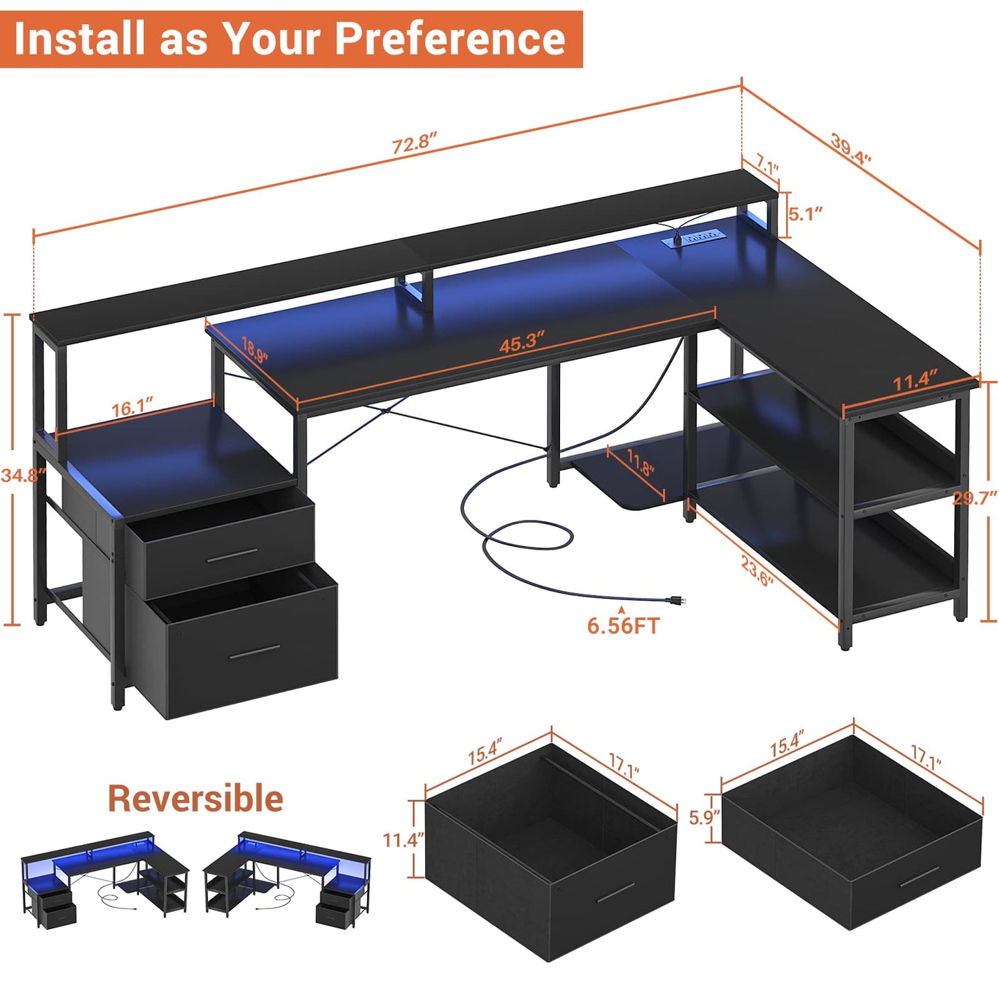 L Shaped Desk with File Drawer, 72.8" Reversible L Shaped Computer Desk with Power Outlet & LED Strip