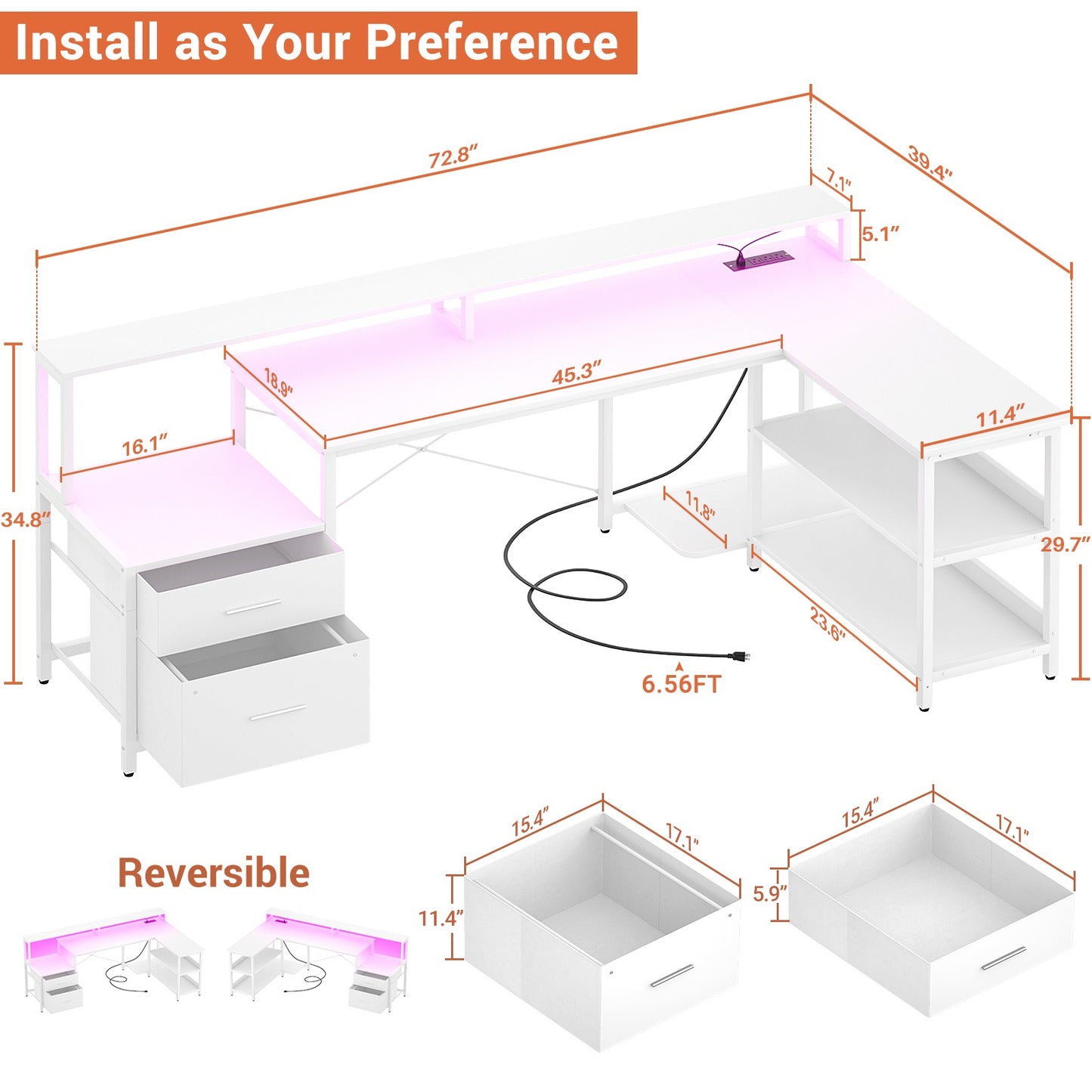 L Shaped Desk with File Drawer, 72.8" Reversible L Shaped Computer Desk with Power Outlet & LED Strip