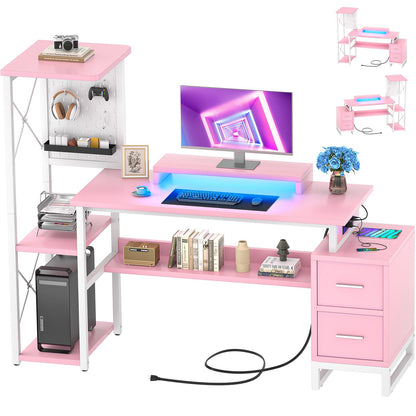53" Gaming Desk with 2 Fabric Drawers, LED Lights & Pegboard, Reversible