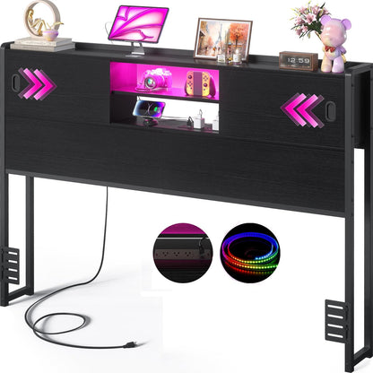 Queen Size Storage Headboard with Charging Station, LED Light & Sliding Doors - Sturdy Bookcase Headboard with Bed Adapter for Bedroom