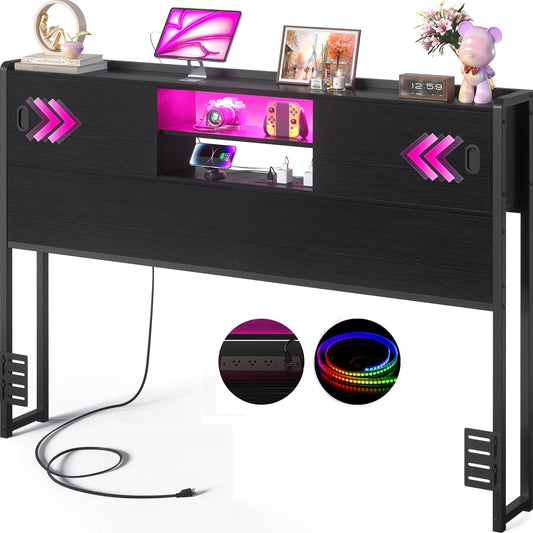 Queen Size Storage Headboard with Charging Station, LED Light & Sliding Doors - Sturdy Bookcase Headboard with Bed Adapter for Bedroom