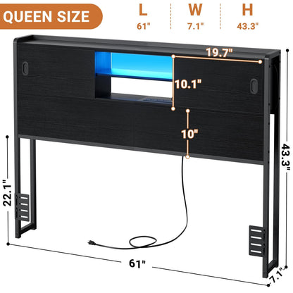 Queen Size Storage Headboard with Charging Station, LED Light & Sliding Doors - Sturdy Bookcase Headboard with Bed Adapter for Bedroom