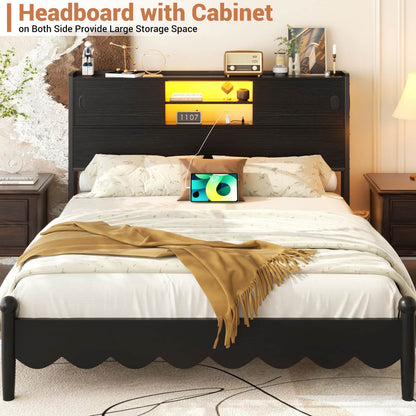 Queen Size Storage Headboard with Charging Station, LED Light & Sliding Doors - Sturdy Bookcase Headboard with Bed Adapter for Bedroom