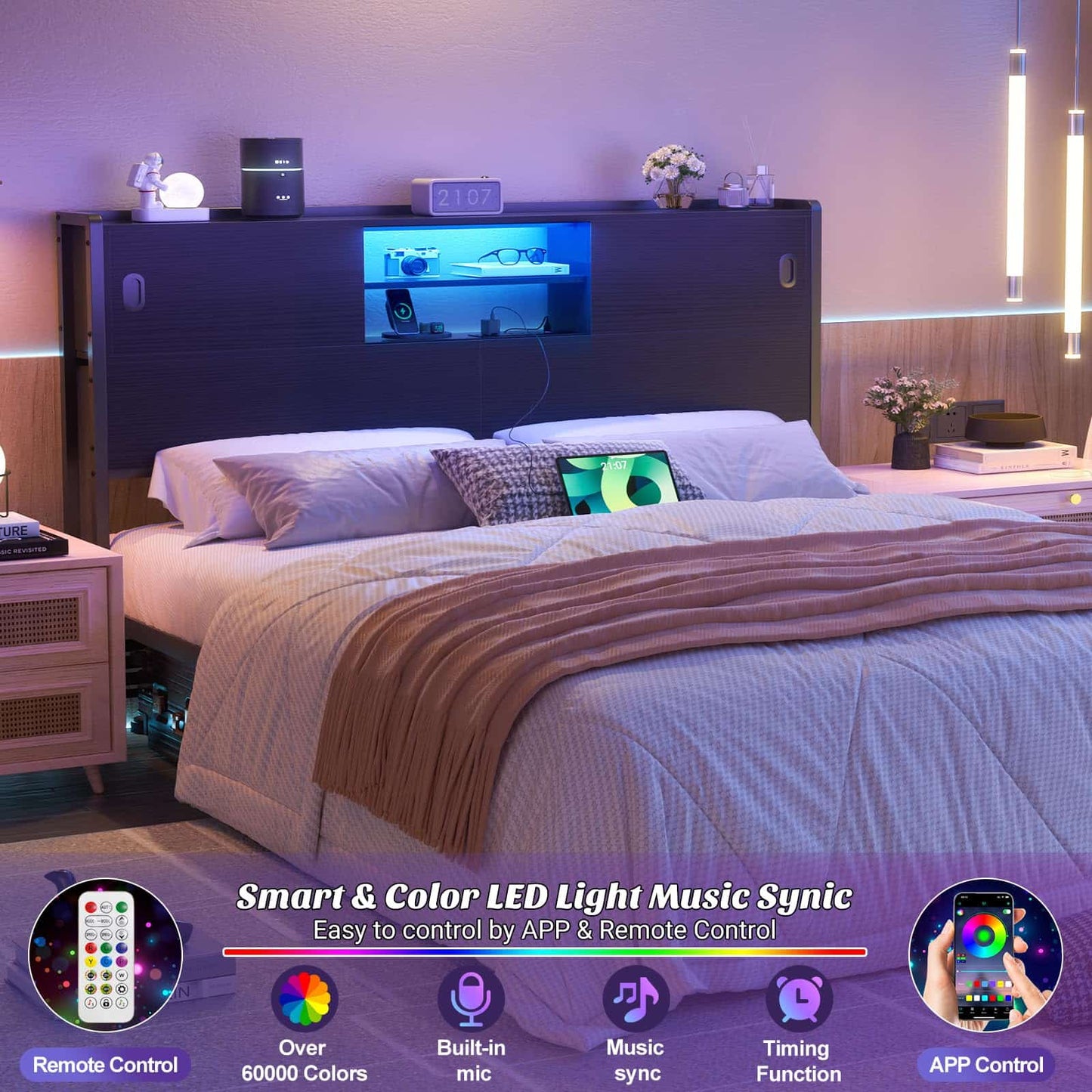 Queen Size Storage Headboard with Charging Station, LED Light & Sliding Doors - Sturdy Bookcase Headboard with Bed Adapter for Bedroom