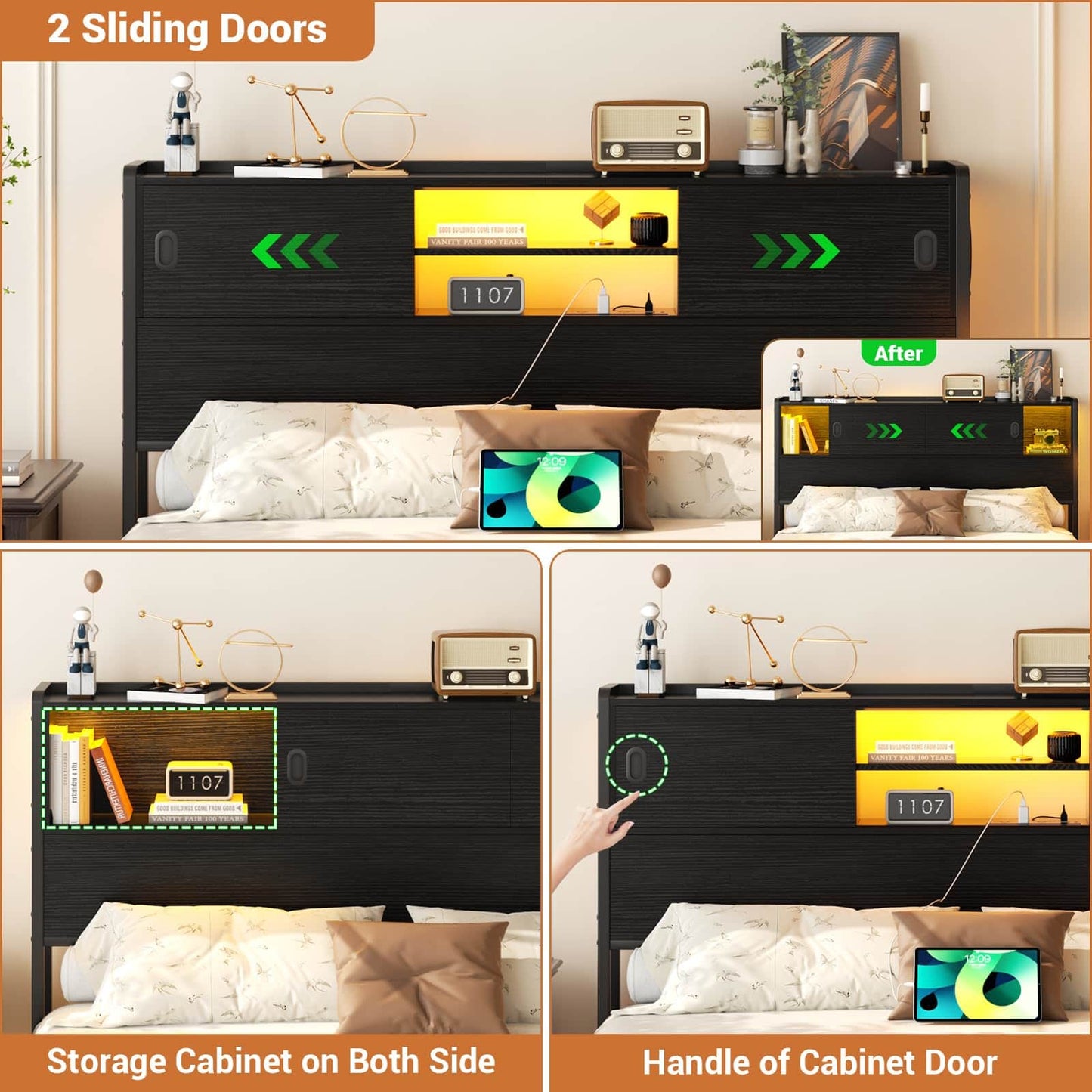 Queen Size Storage Headboard with Charging Station, LED Light & Sliding Doors - Sturdy Bookcase Headboard with Bed Adapter for Bedroom