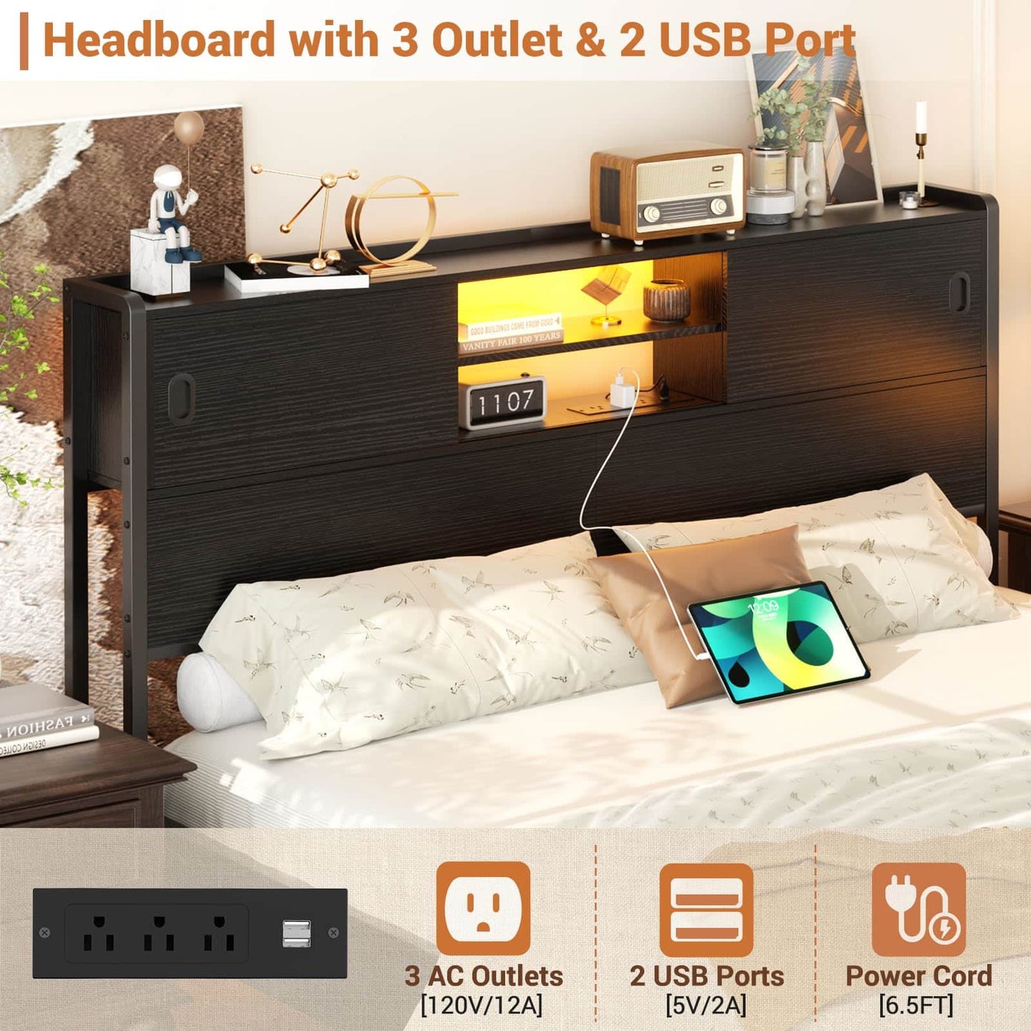 Queen Size Storage Headboard with Charging Station, LED Light & Sliding Doors - Sturdy Bookcase Headboard with Bed Adapter for Bedroom