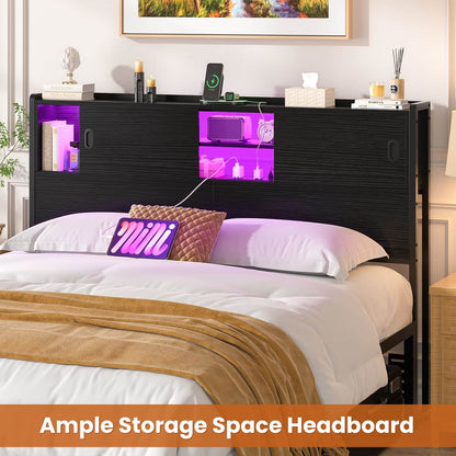 Queen Size Storage Headboard with Charging Station, LED Light & Sliding Doors - Sturdy Bookcase Headboard with Bed Adapter for Bedroom