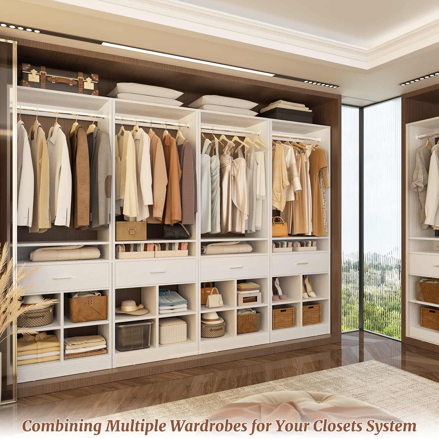 4-Pack Complete Closet Kit: Freestanding Towers with 4 Wood Drawers & 16 Cubby Storage, Expandable Garment Rack System ,Total 100''W x 80''H