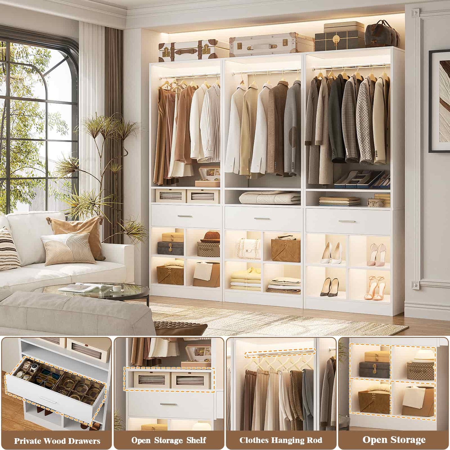 2-Pack Freestanding Closet System with 2 Wood Drawers & 8 Cubby Storage, Double Garment Rack Organizer ,50''W x 80''H