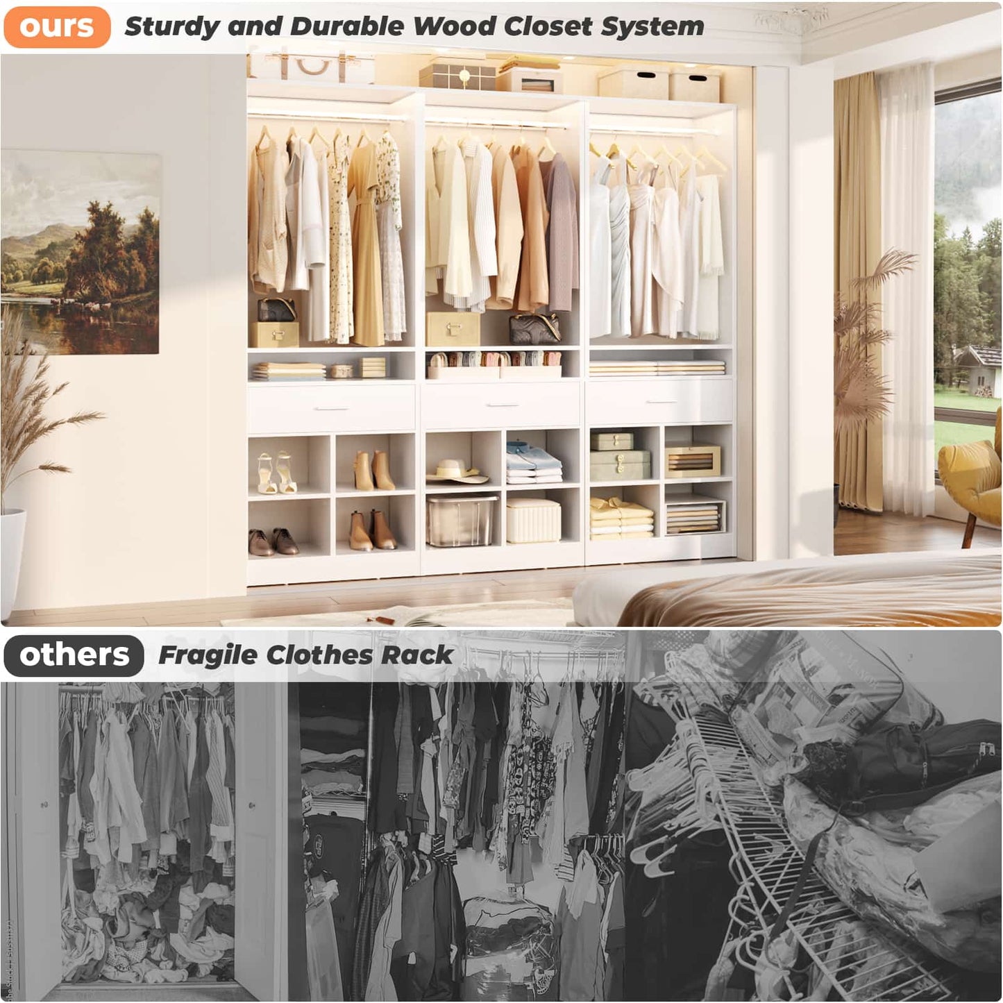 4-Pack Complete Closet Kit: Freestanding Towers with 4 Wood Drawers & 16 Cubby Storage, Expandable Garment Rack System ,Total 100''W x 80''H