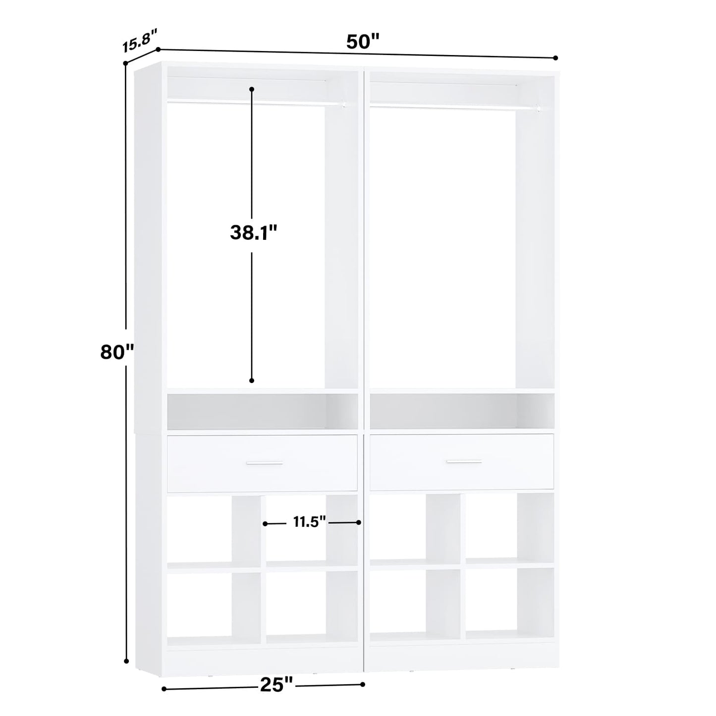 2-Pack Freestanding Closet System with 2 Wood Drawers & 8 Cubby Storage, Double Garment Rack Organizer ,50''W x 80''H