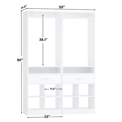 2-Pack Freestanding Closet System with 2 Wood Drawers & 8 Cubby Storage, Double Garment Rack Organizer ,50''W x 80''H