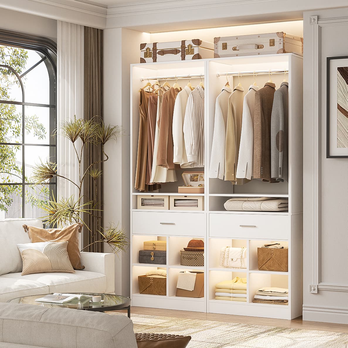 2-Pack Freestanding Closet System with 2 Wood Drawers & 8 Cubby Storage, Double Garment Rack Organizer ,50''W x 80''H