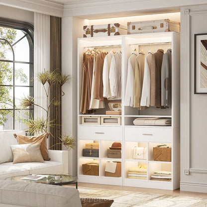 2-Pack Freestanding Closet System with 2 Wood Drawers & 8 Cubby Storage, Double Garment Rack Organizer ,50''W x 80''H