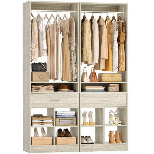 2-Pack Freestanding Closet System with 2 Wood Drawers & 8 Cubby Storage, Double Garment Rack Organizer ,50''W x 80''H