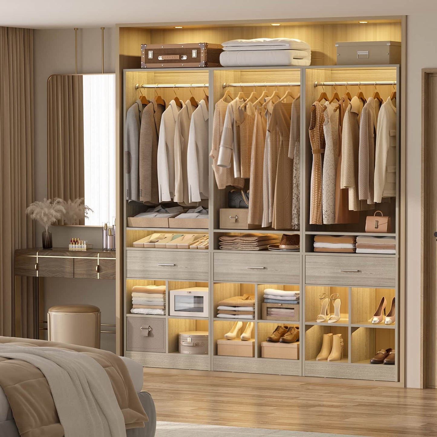 2-Pack Freestanding Closet System with 2 Wood Drawers & 8 Cubby Storage, Double Garment Rack Organizer ,50''W x 80''H