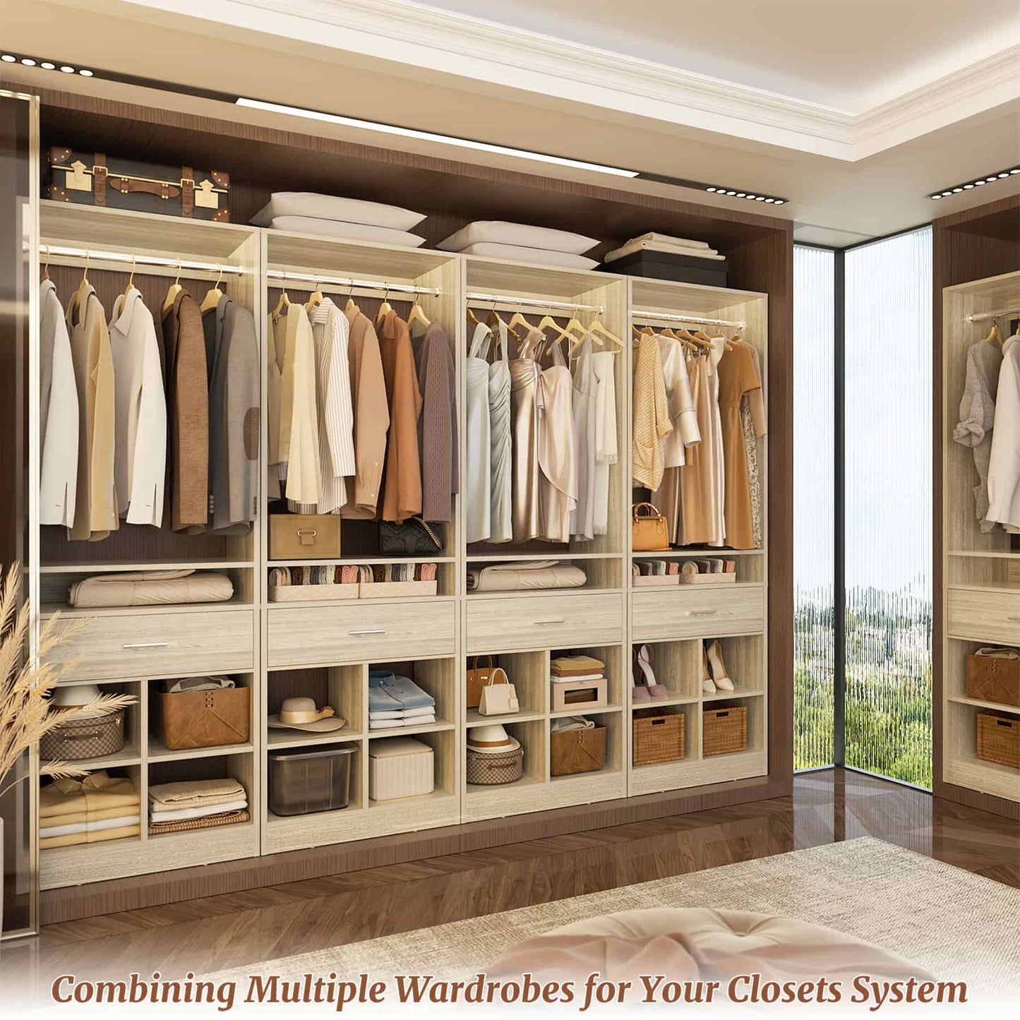 4-Pack Complete Closet Kit: Freestanding Towers with 4 Wood Drawers & 16 Cubby Storage, Expandable Garment Rack System ,Total 100''W x 80''H