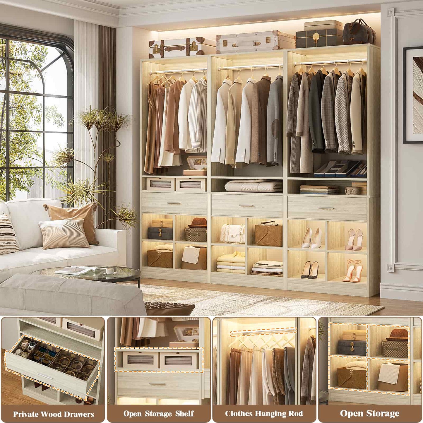 2-Pack Freestanding Closet System with 2 Wood Drawers & 8 Cubby Storage, Double Garment Rack Organizer ,50''W x 80''H