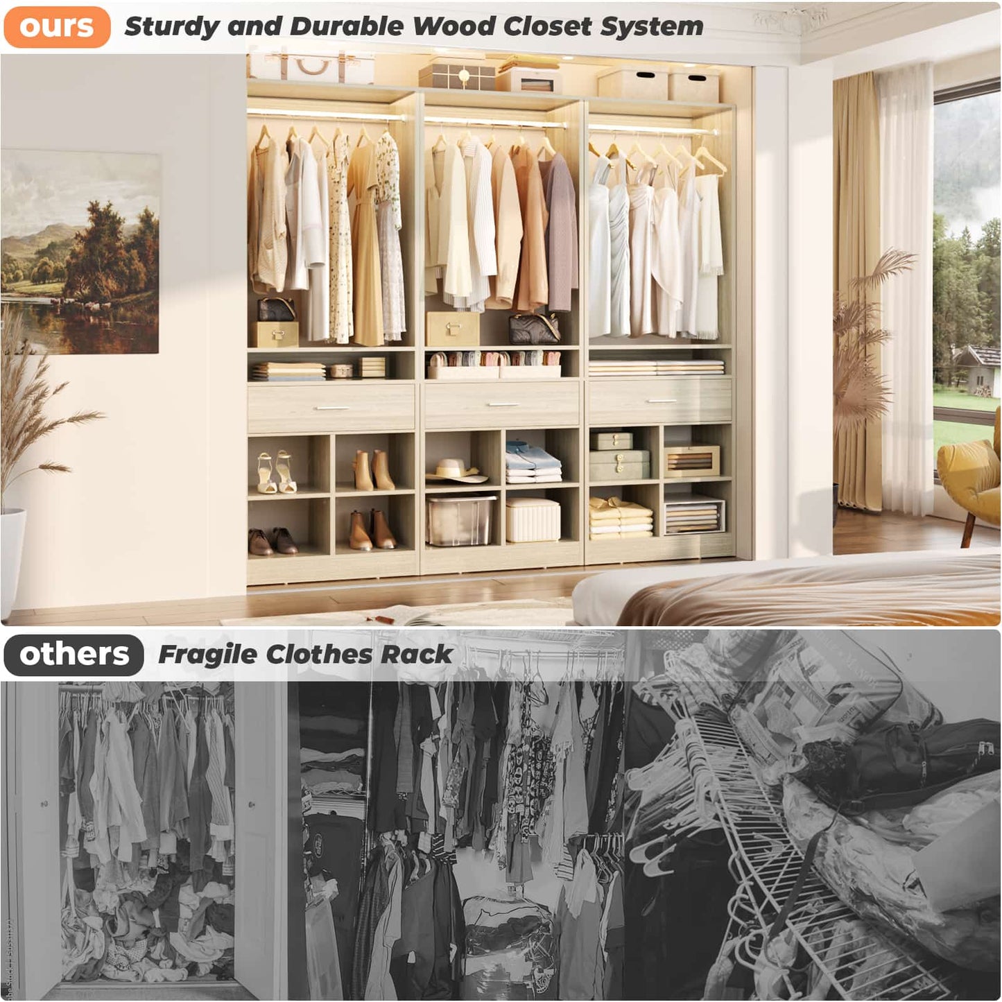 4-Pack Complete Closet Kit: Freestanding Towers with 4 Wood Drawers & 16 Cubby Storage, Expandable Garment Rack System ,Total 100''W x 80''H