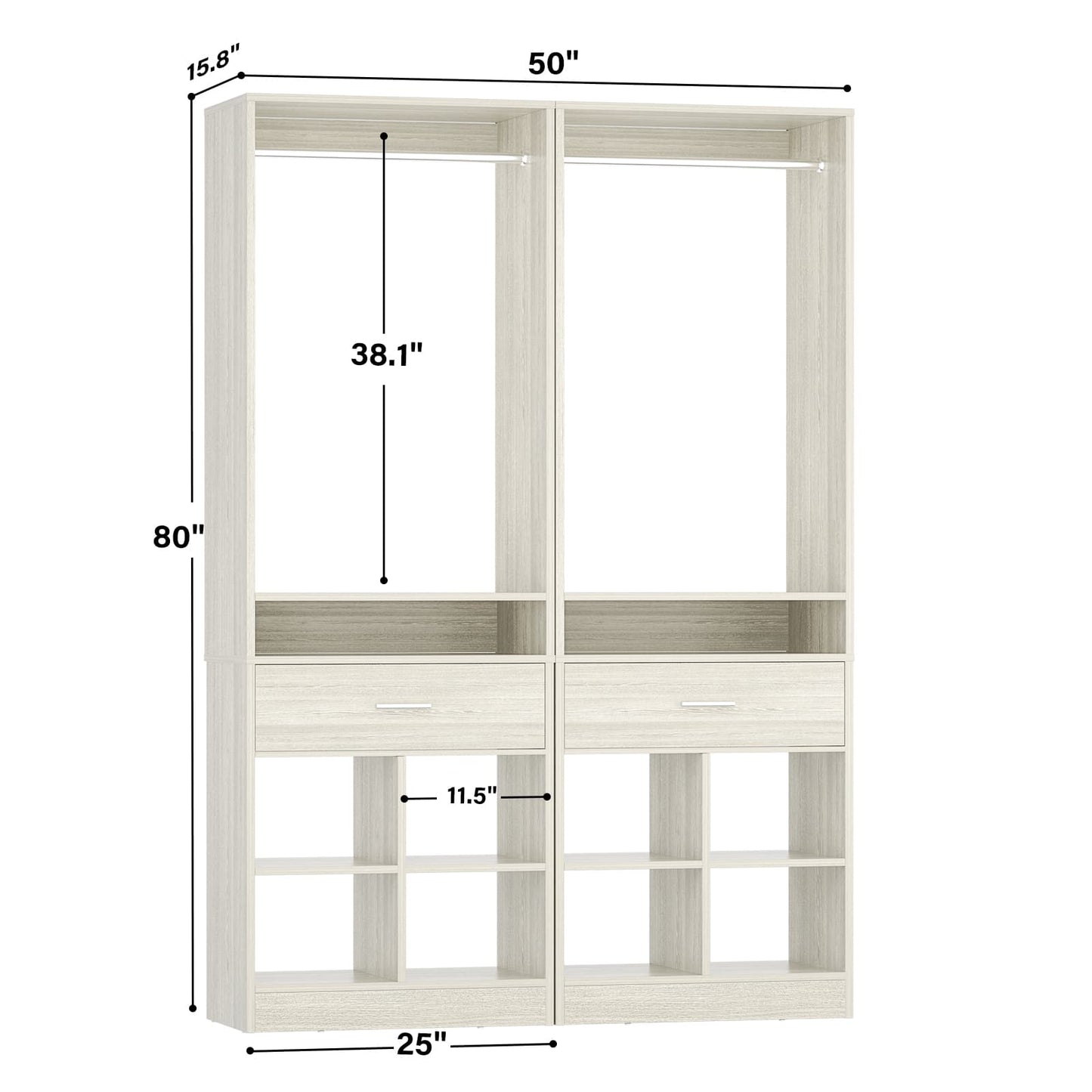 2-Pack Freestanding Closet System with 2 Wood Drawers & 8 Cubby Storage, Double Garment Rack Organizer ,50''W x 80''H