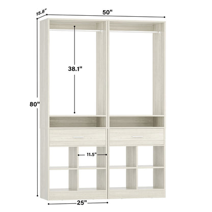 2-Pack Freestanding Closet System with 2 Wood Drawers & 8 Cubby Storage, Double Garment Rack Organizer ,50''W x 80''H