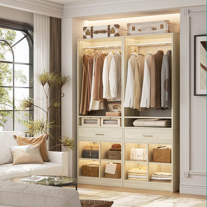 2-Pack Freestanding Closet System with 2 Wood Drawers & 8 Cubby Storage, Double Garment Rack Organizer ,50''W x 80''H