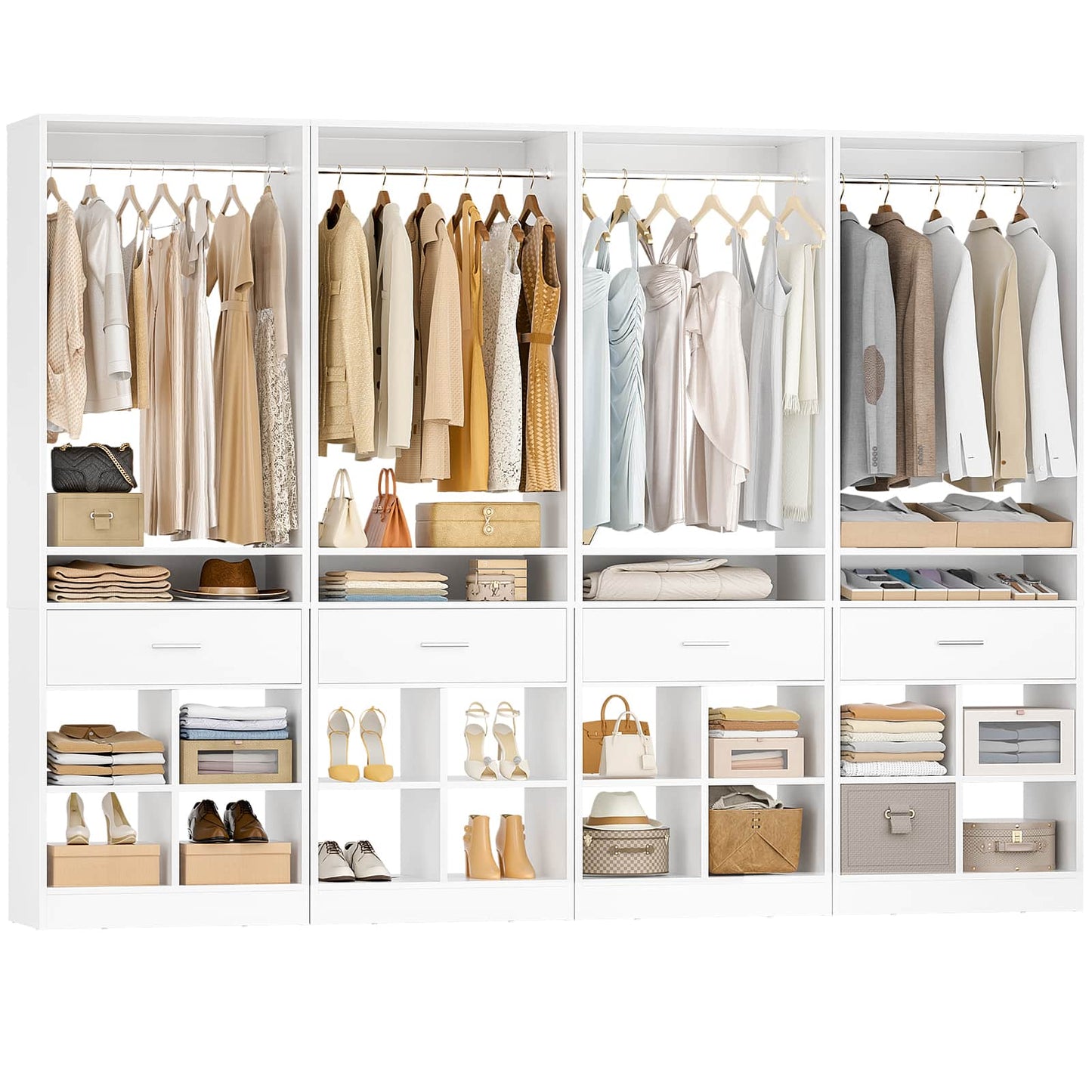 4-Pack Complete Closet Kit: Freestanding Towers with 4 Wood Drawers & 16 Cubby Storage, Expandable Garment Rack System ,Total 100''W x 80''H