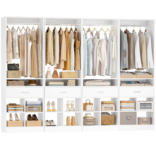 4-Pack Complete Closet Kit: Freestanding Towers with 4 Wood Drawers & 16 Cubby Storage, Expandable Garment Rack System ,Total 100''W x 80''H