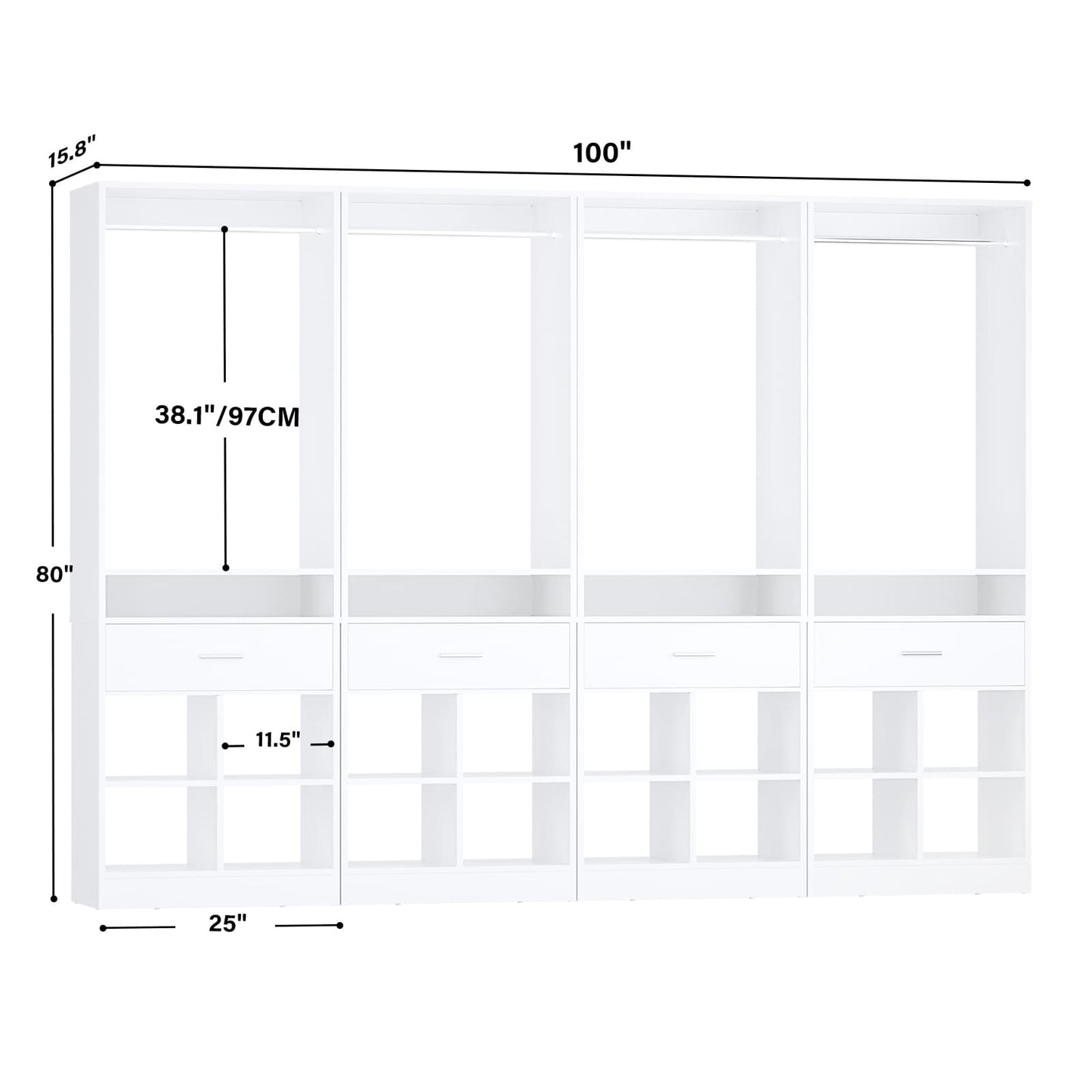 4-Pack Complete Closet Kit: Freestanding Towers with 4 Wood Drawers & 16 Cubby Storage, Expandable Garment Rack System ,Total 100''W x 80''H