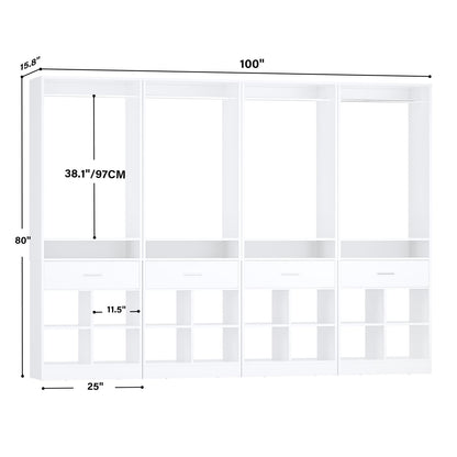 4-Pack Complete Closet Kit: Freestanding Towers with 4 Wood Drawers & 16 Cubby Storage, Expandable Garment Rack System ,Total 100''W x 80''H