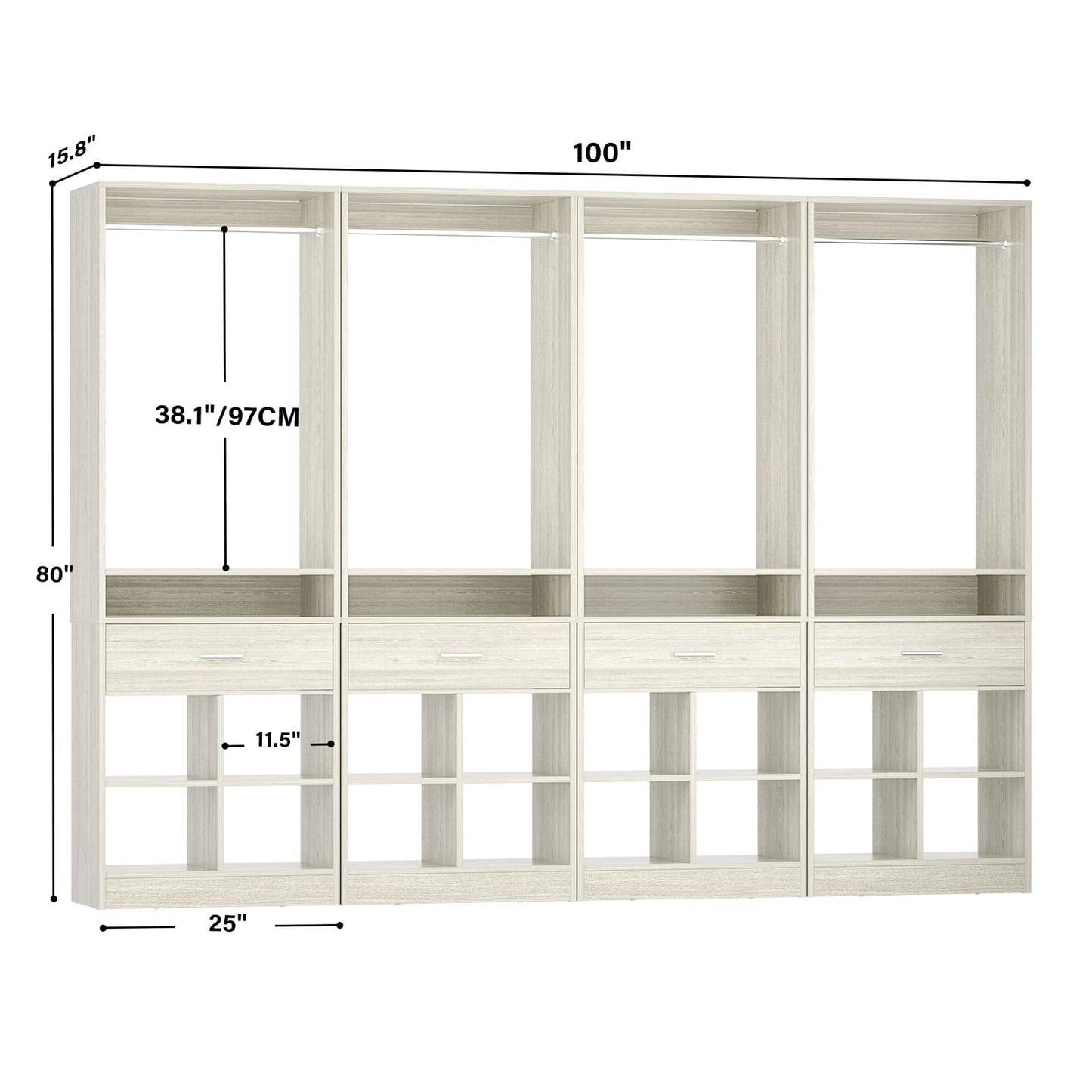 4-Pack Complete Closet Kit: Freestanding Towers with 4 Wood Drawers & 16 Cubby Storage, Expandable Garment Rack System ,Total 100''W x 80''H