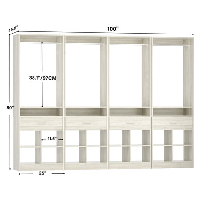 4-Pack Complete Closet Kit: Freestanding Towers with 4 Wood Drawers & 16 Cubby Storage, Expandable Garment Rack System ,Total 100''W x 80''H