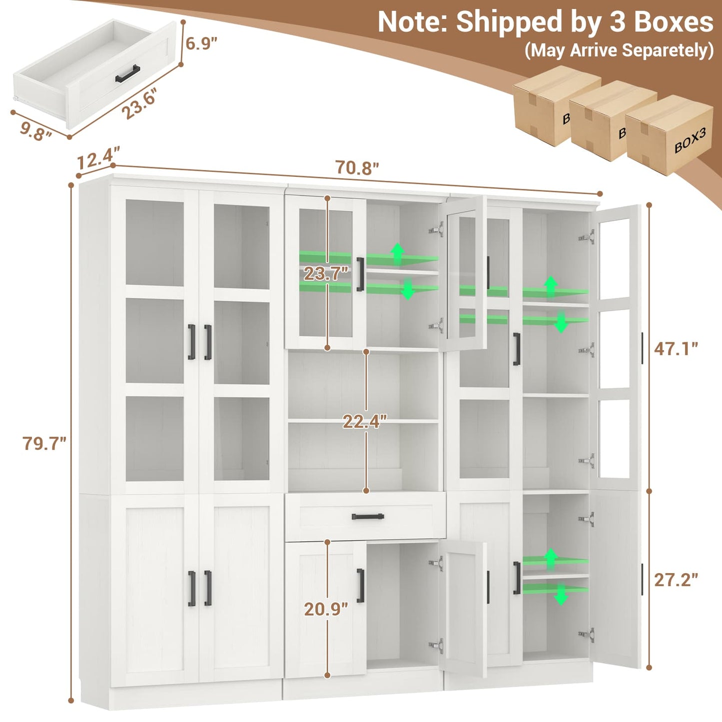 79.7'' Tall Pantry Cabinet 3-Piece Set - 70.8'' Width Kitchen Hutch Cabinet with Drawer and Adjustable Shelves