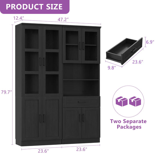 47.2'' Wide Farmhouse Pantry Storage Cabinet Set of 2, with Drawer and Adjustable Shelves