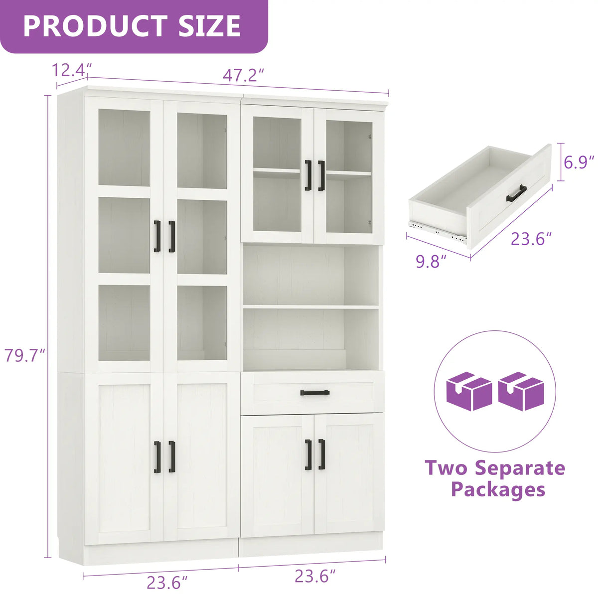 47.2'' Wide Farmhouse Pantry Storage Cabinet Set of 2, with Drawer and Adjustable Shelves