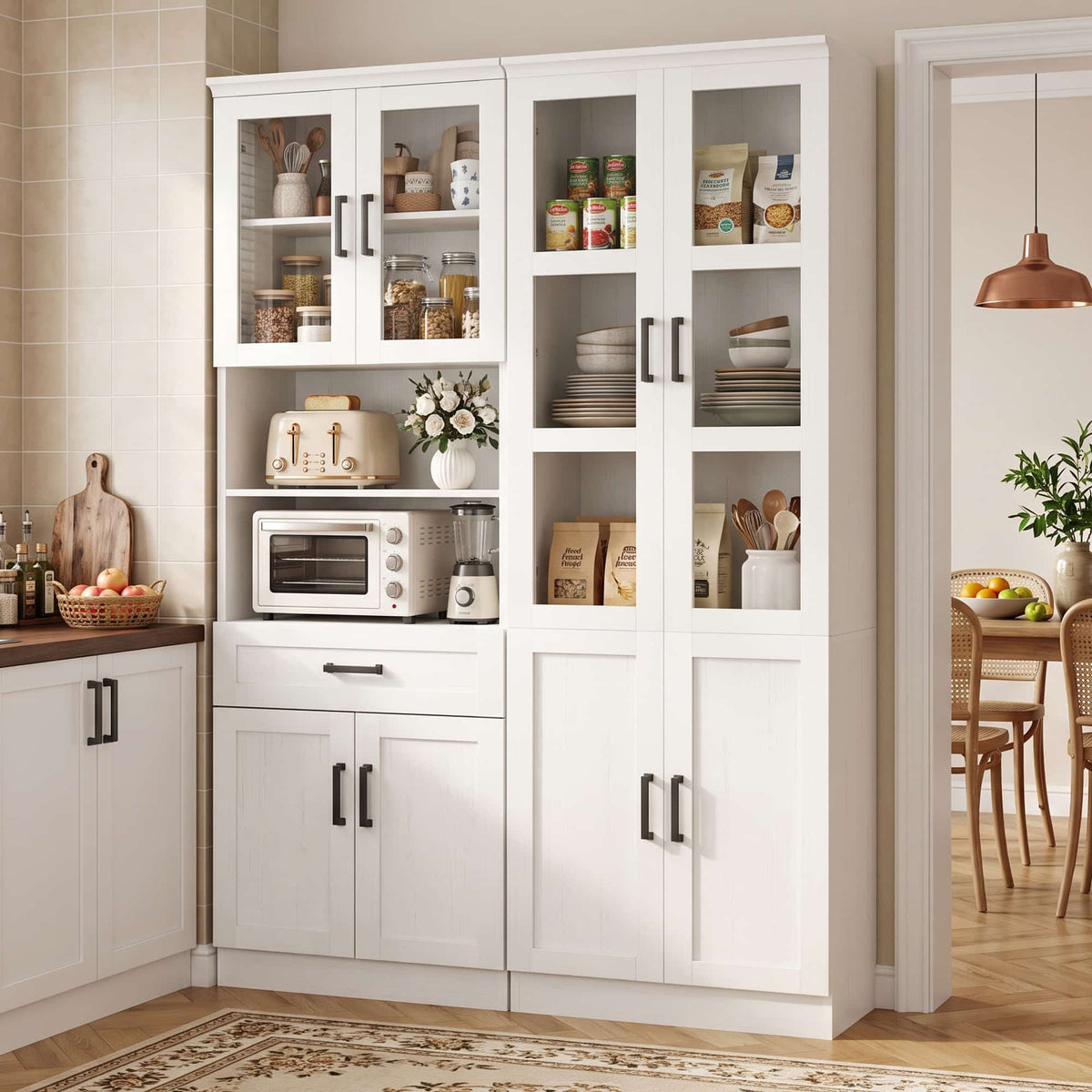 47.2'' Wide Farmhouse Pantry Storage Cabinet Set of 2, with Drawer and Adjustable Shelves
