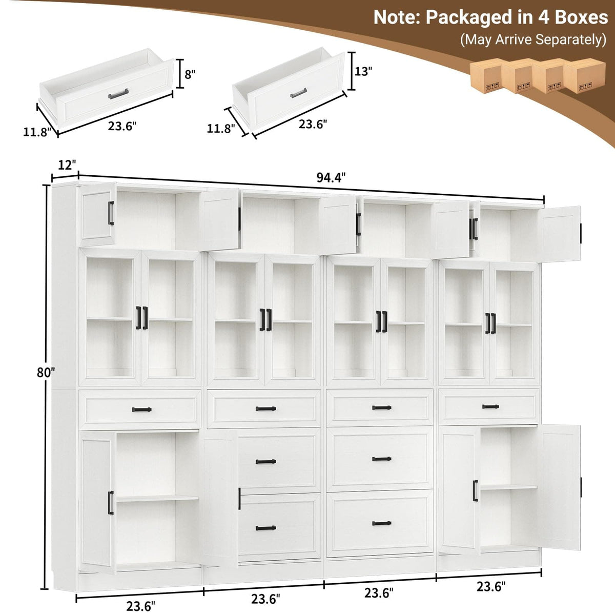 80" Tall Modular Bookshelf and Storage Cabinet Set with Glass Doors and Drawers
