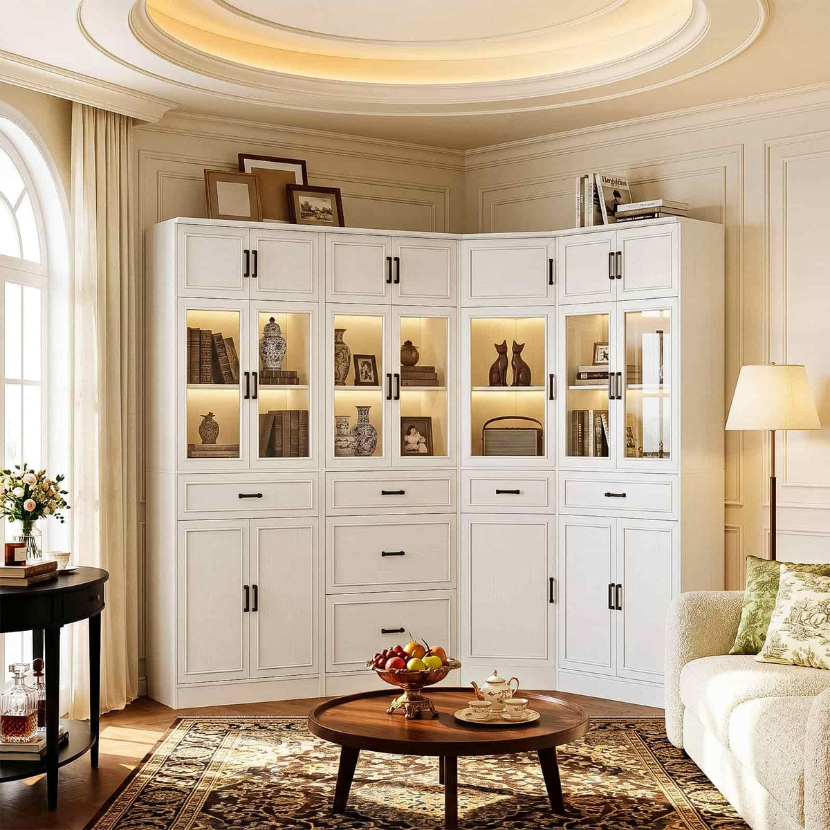 80" Tall Corner Bookcase & Storage Cabinet with Glass Doors - 4-Piece Storage Set for Home office, Dining & Living Room