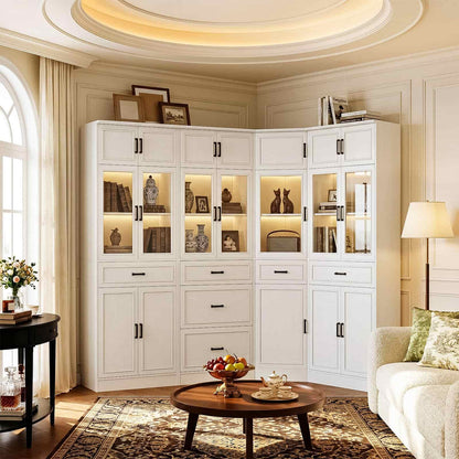 80" Tall Corner Bookcase & Storage Cabinet with Glass Doors - 4-Piece Storage Set for Home office, Dining & Living Room